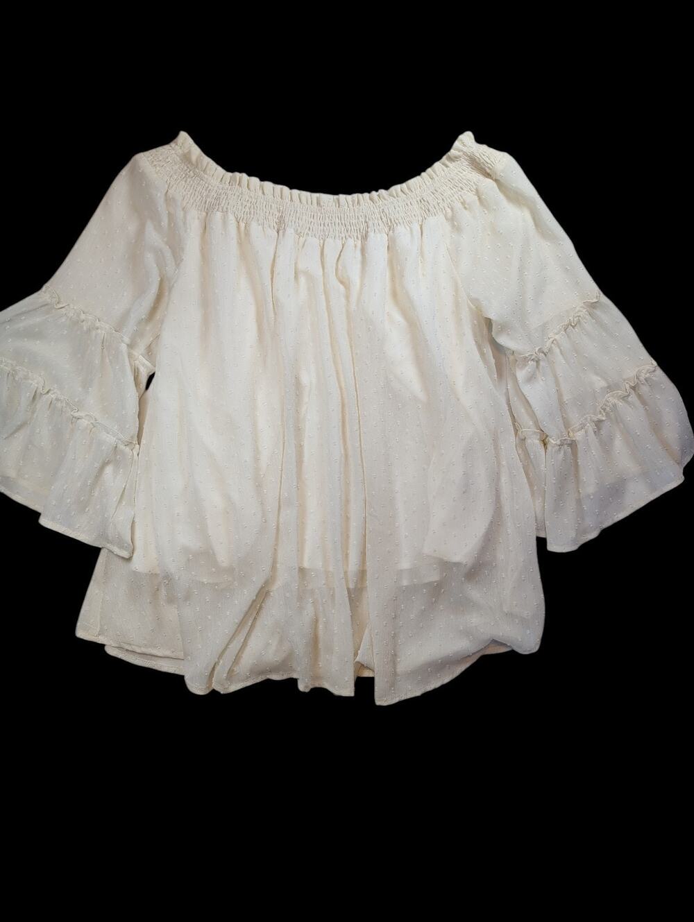 Kori America Off Shoulder Blouse Textured Polka Dot Sheer Cream Womens XL